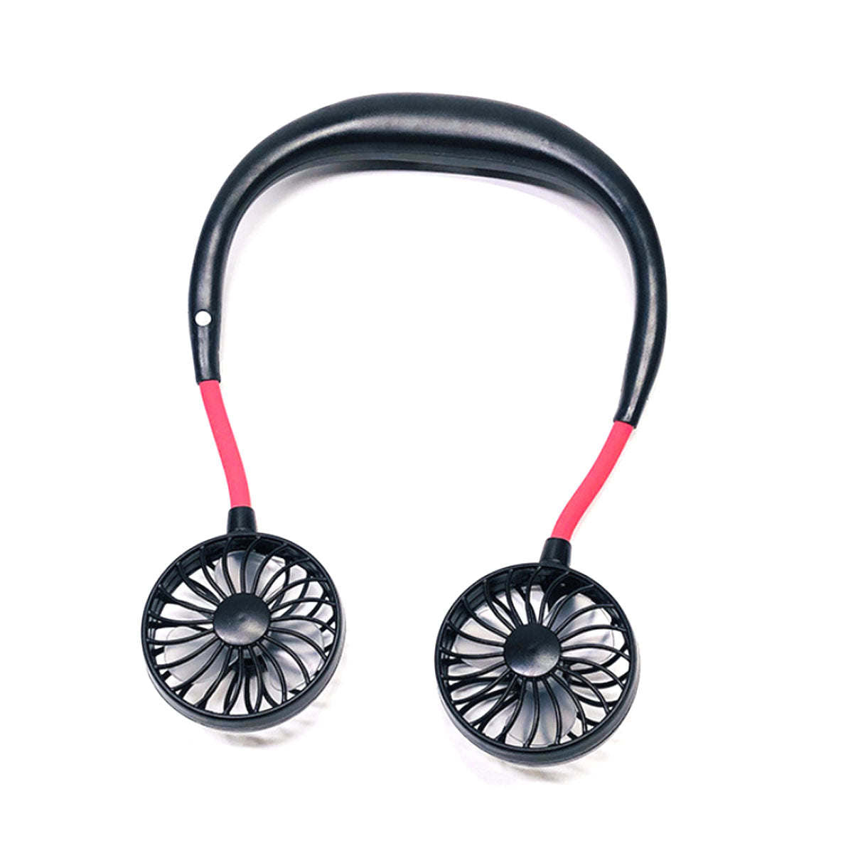 Cordless mini neck fan with black headband and two small fans, pink cables