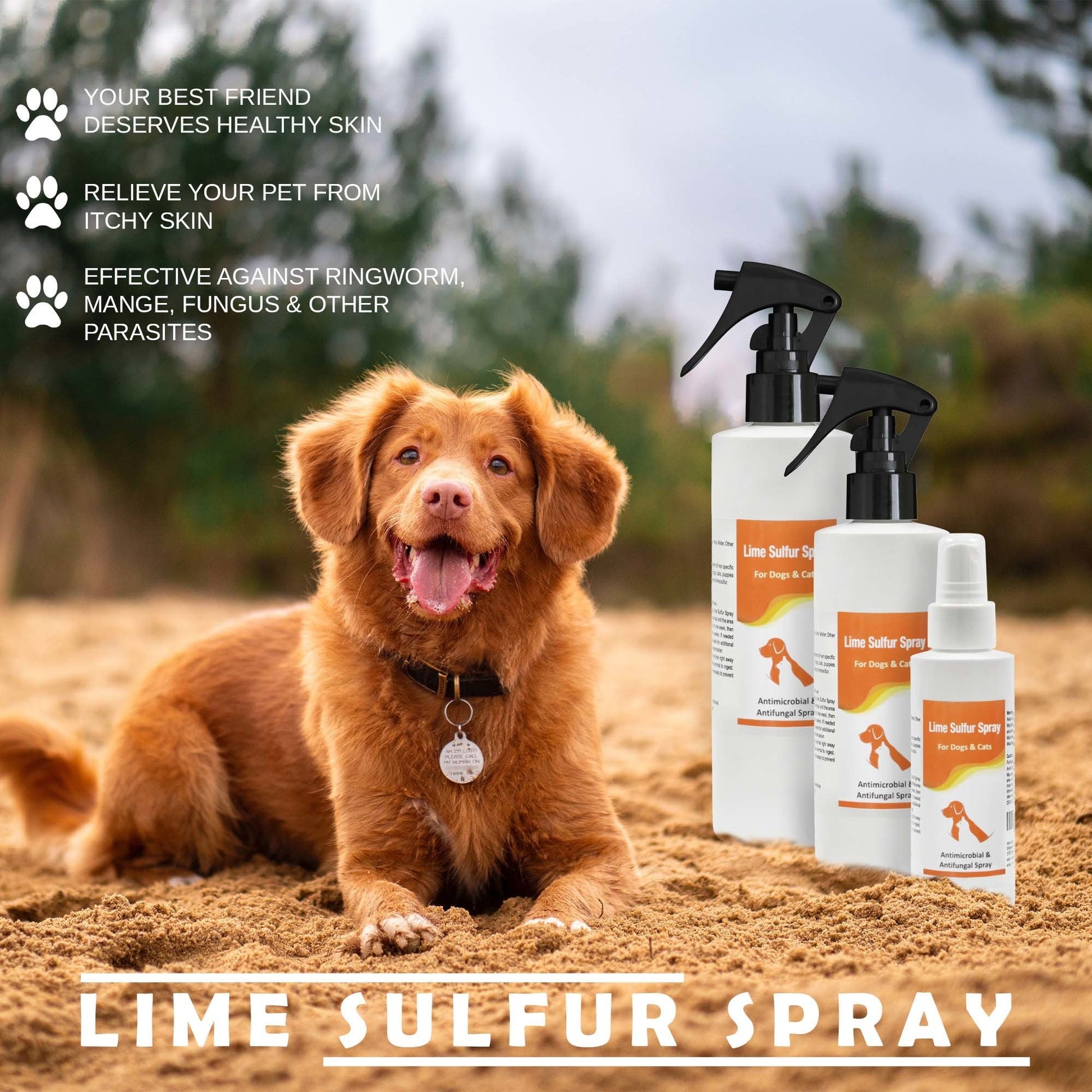 Lime sulfur spray bottles with black trigger sprayers and orange antifungal label