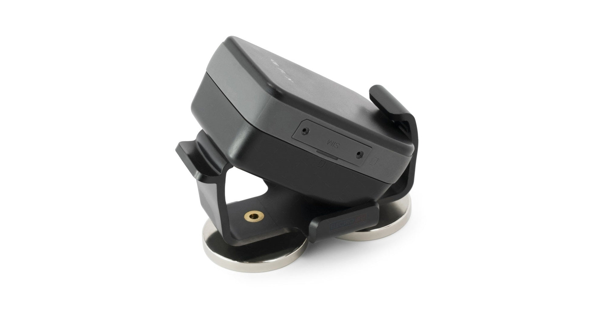 Black GPS mini tracker with mounting stand and latch