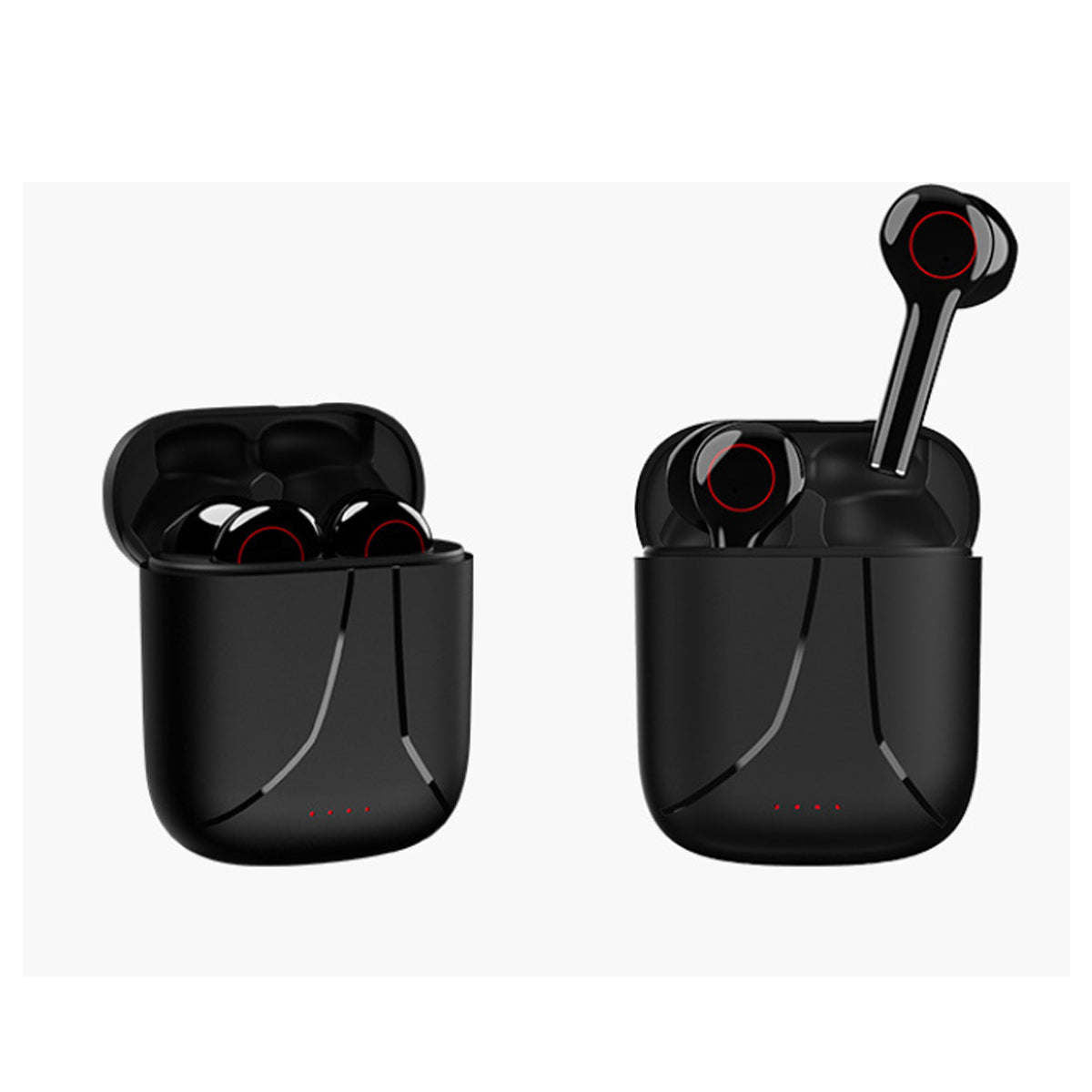Black wireless Bluetooth earbuds with charging case, two ear tips visible