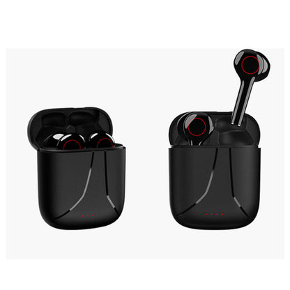 Black wireless Bluetooth earbuds with charging case, two ear tips visible