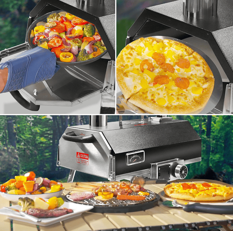12-inch Automatic Rotating Pizza Oven with Built-in Thermometer-Portable Wood-Fired Pizza Oven, Outdoor Kitchen Authentic Stone-Baked Pizza, Independent Carbon Grill, Wheel-equipped Pizza