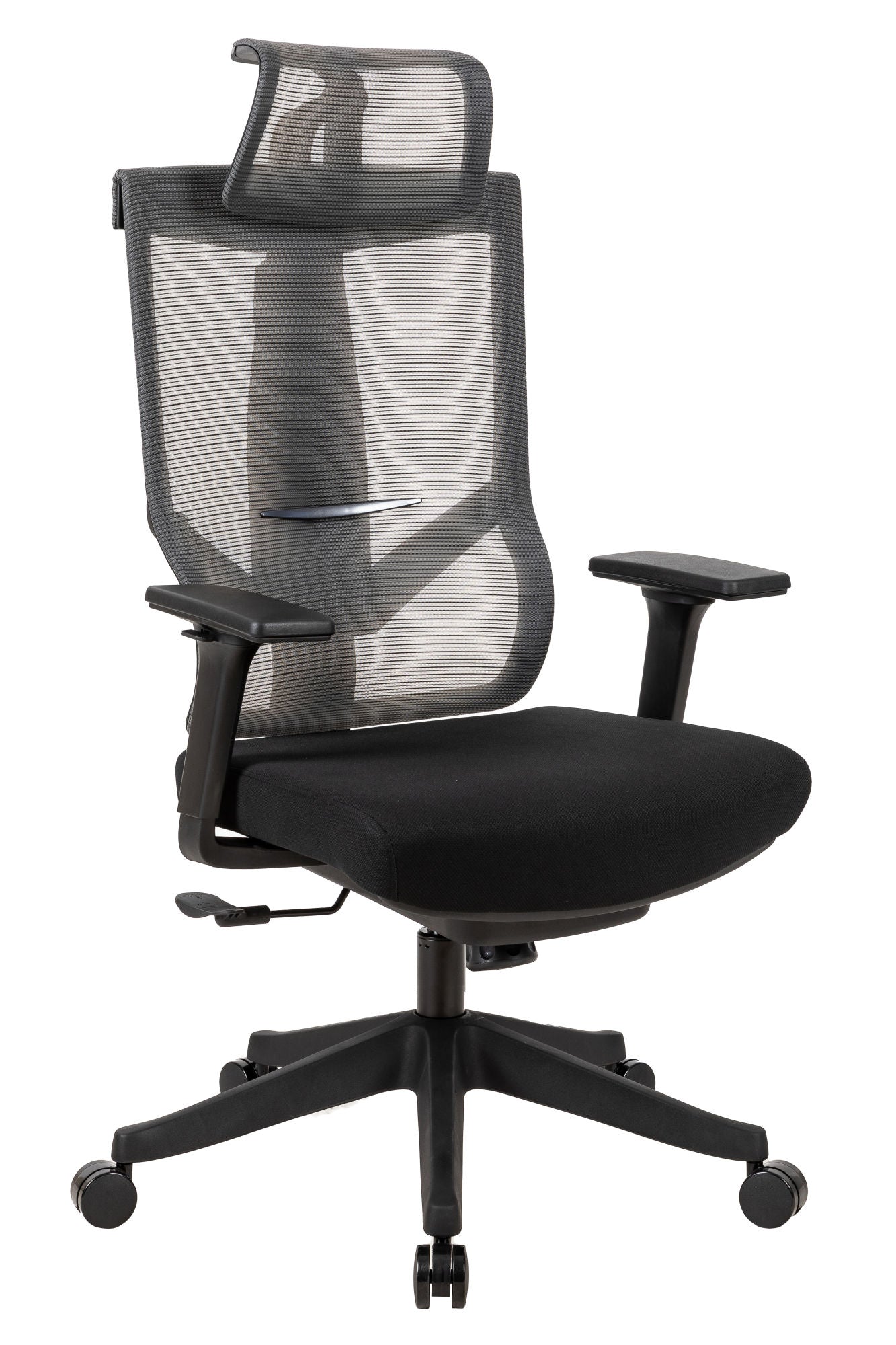 Black office chair with mesh high back, headrest, and padded seat on rolling base