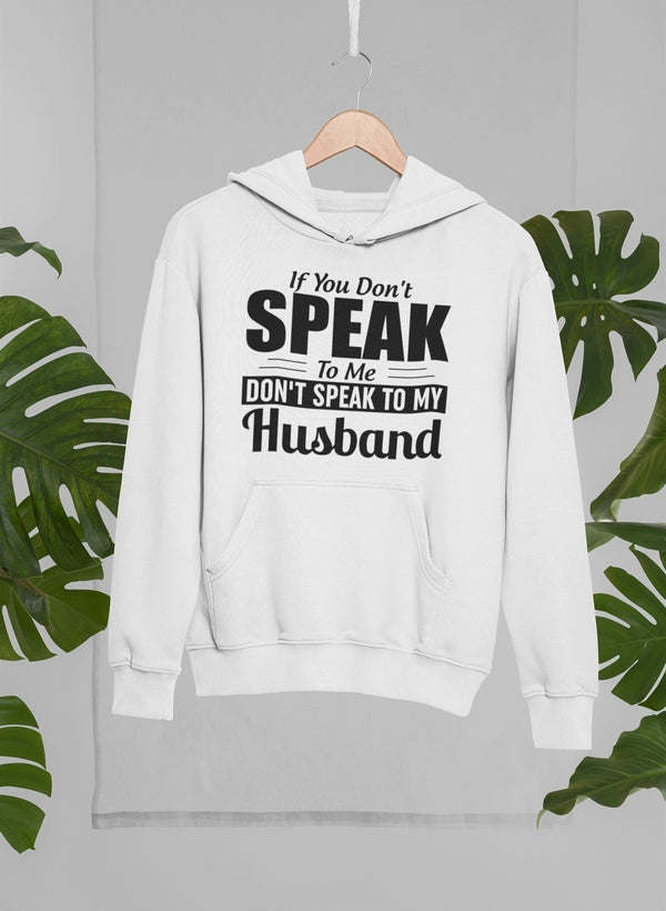 White hoodie with large printed text on chest and kangaroo pocket