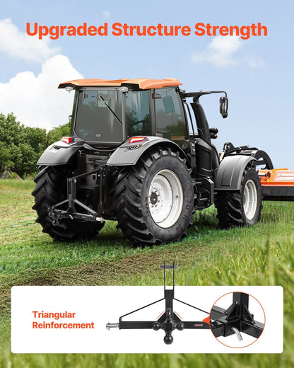 VEVOR 3-point trailer hitch with reinforced structure on tractor, black ball mount