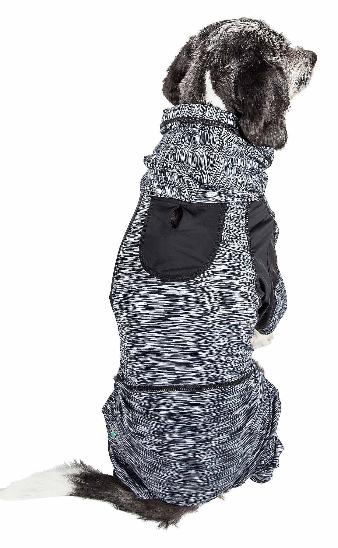 Two-toned stretch dog warm-up hoodie in dark gray heather with hood