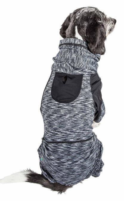 Two-toned stretch dog warm-up hoodie in dark gray heather with hood