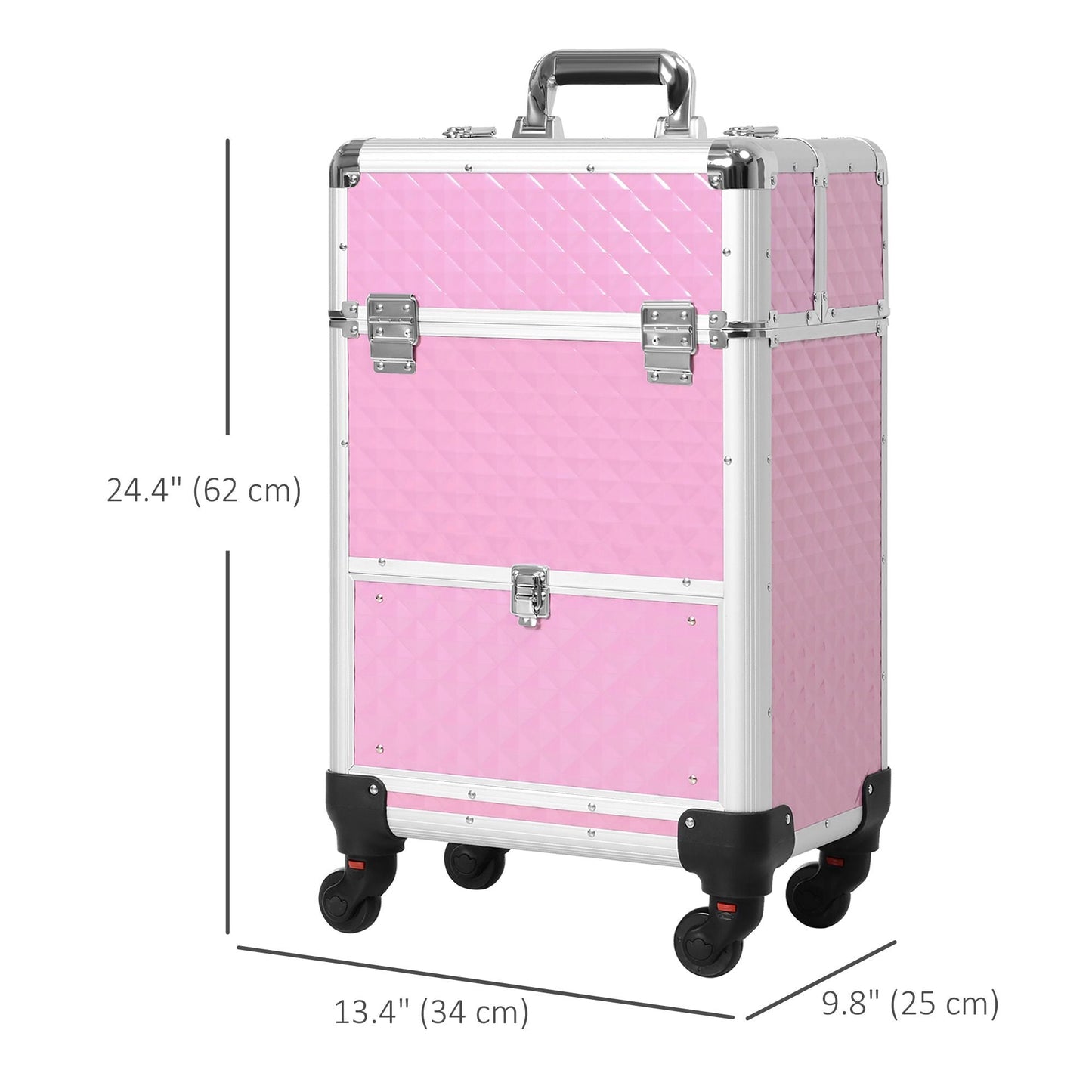 Makeup Train Case Portable Aluminum Rolling Cosmetic Organizer Trolley 4 Wheels Pink Salon Beauty Jewelry Storage