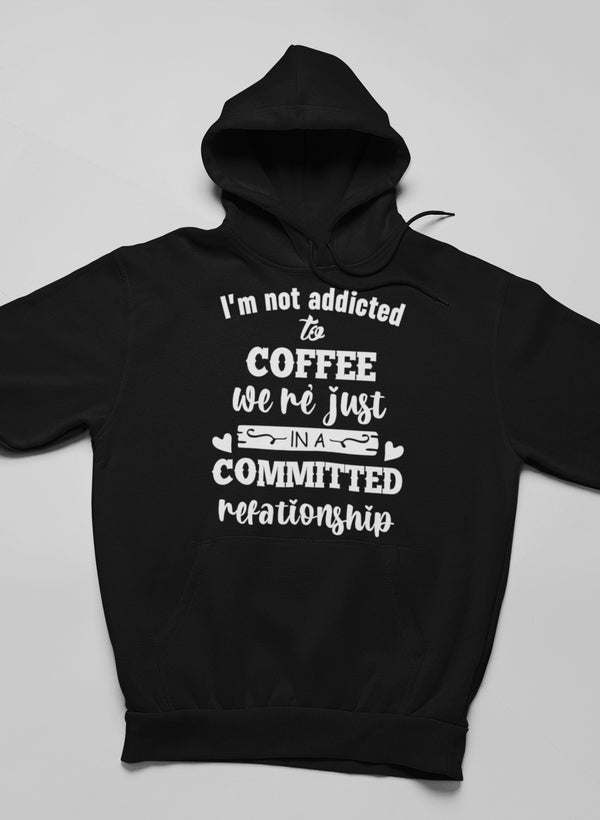 Black pullover hoodie with hood and coffee slogan text front print