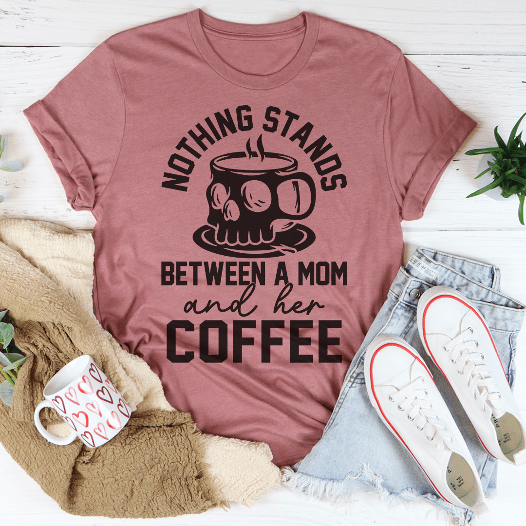 Heather pink coffee t-shirt with skull coffee slogan graphic