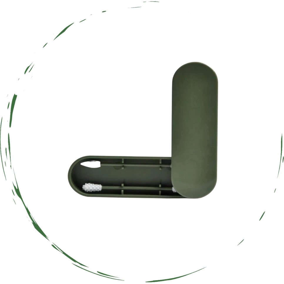 Reusable cotton swabs with white bristle heads in a dark green storage case