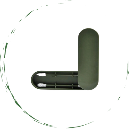 Reusable cotton swabs with white bristle heads in a dark green storage case