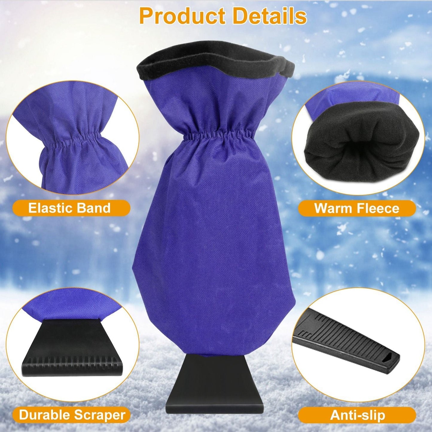Blue ice scraper mitt with elastic cuff, fleece lining, and durable black scraper edge