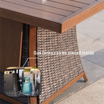 Direct Wicker 7 PCS Patio Gas Firepit and Ice Container Rectangle Dining Set with 6 Standard Height Chairs