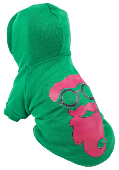Green hooded pet sweater with pink cat-face print on the side