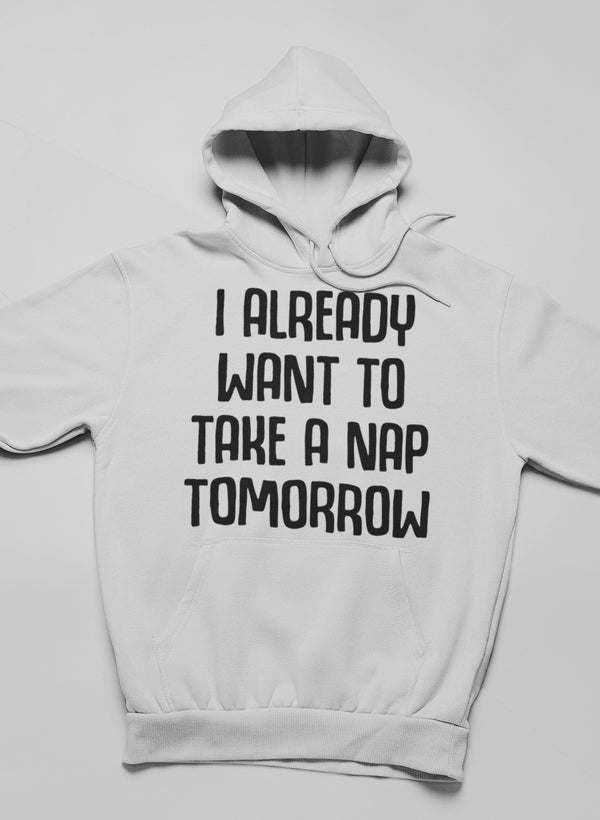 White pullover hoodie with front text graphic and adjustable hood