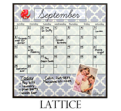 Lattice dry-erase fridge calendar with September header, notes, and photo magnet