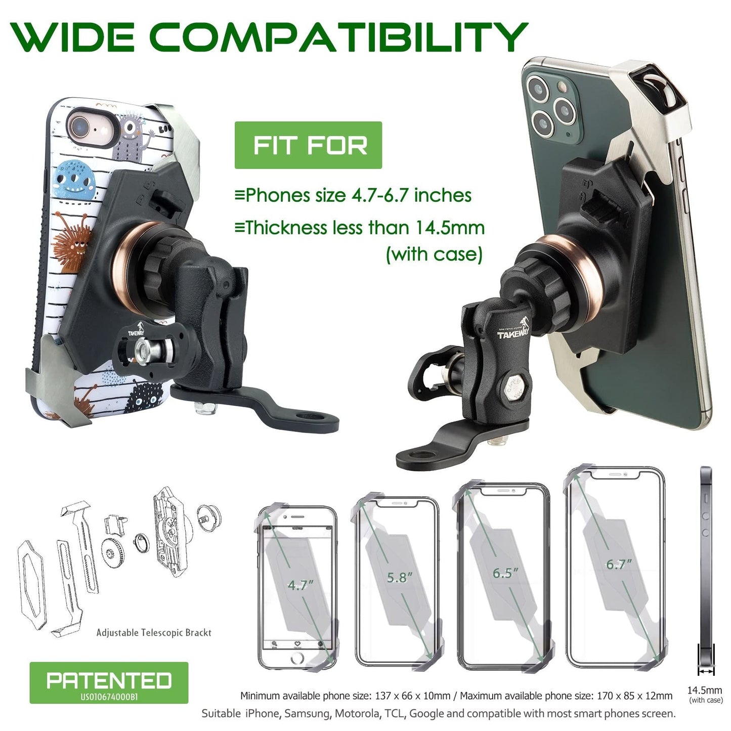 Motorcycle phone clamp mount with adjustable bracket for 4.7–6.7 inch smartphones