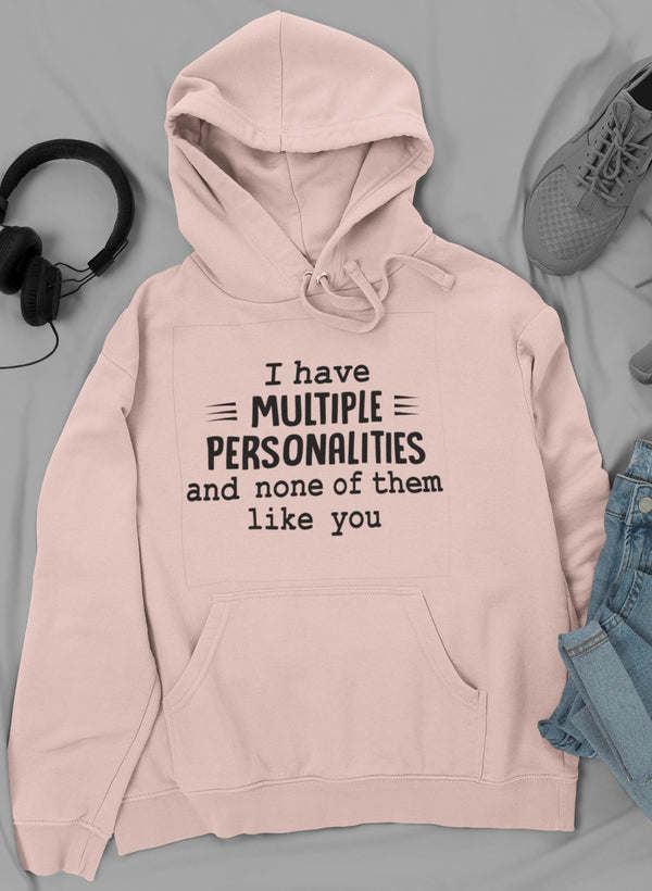 Blush pink pullover graphic hoodie with kangaroo pocket and drawstring hood