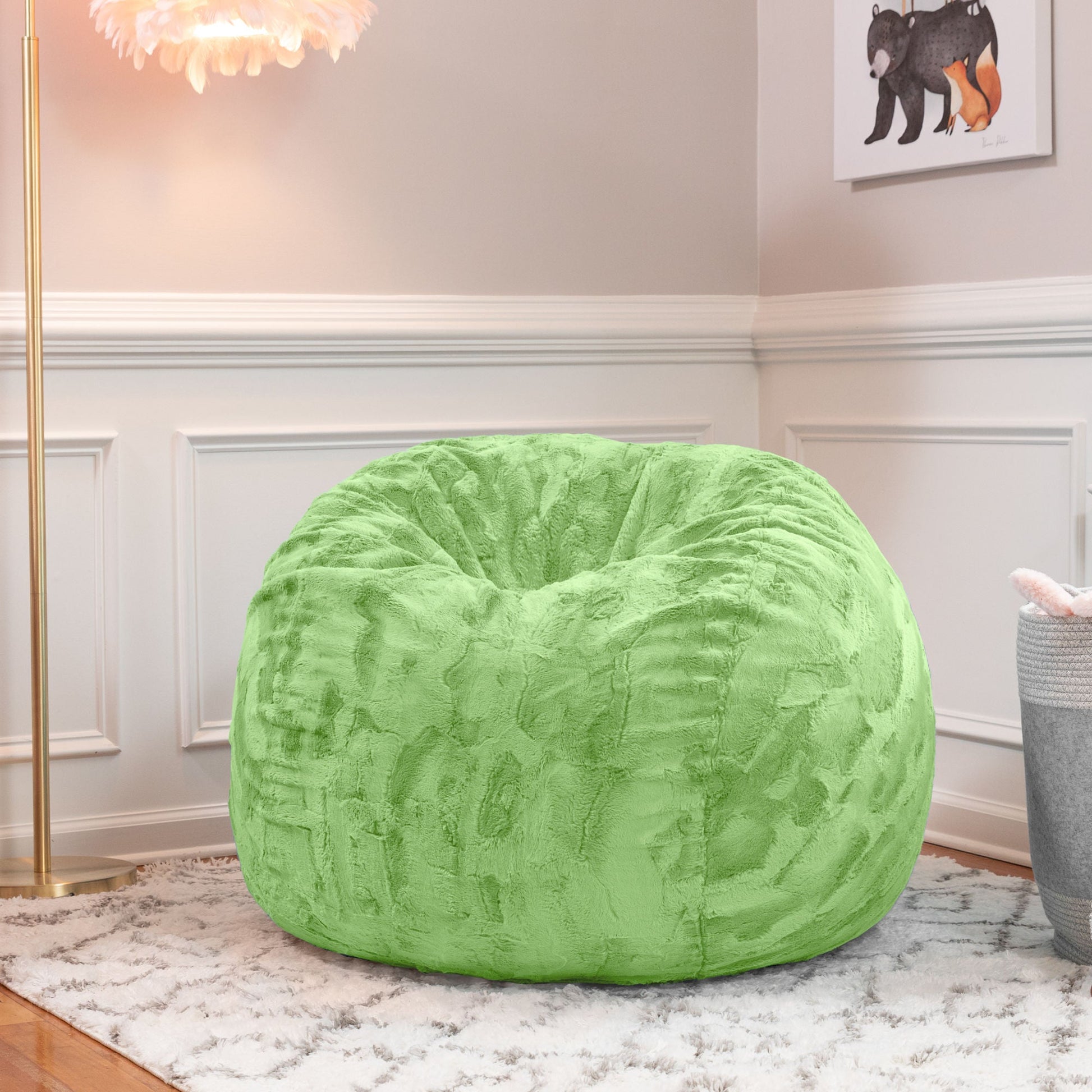 Lime green faux fur bean bag chair, large round cushion