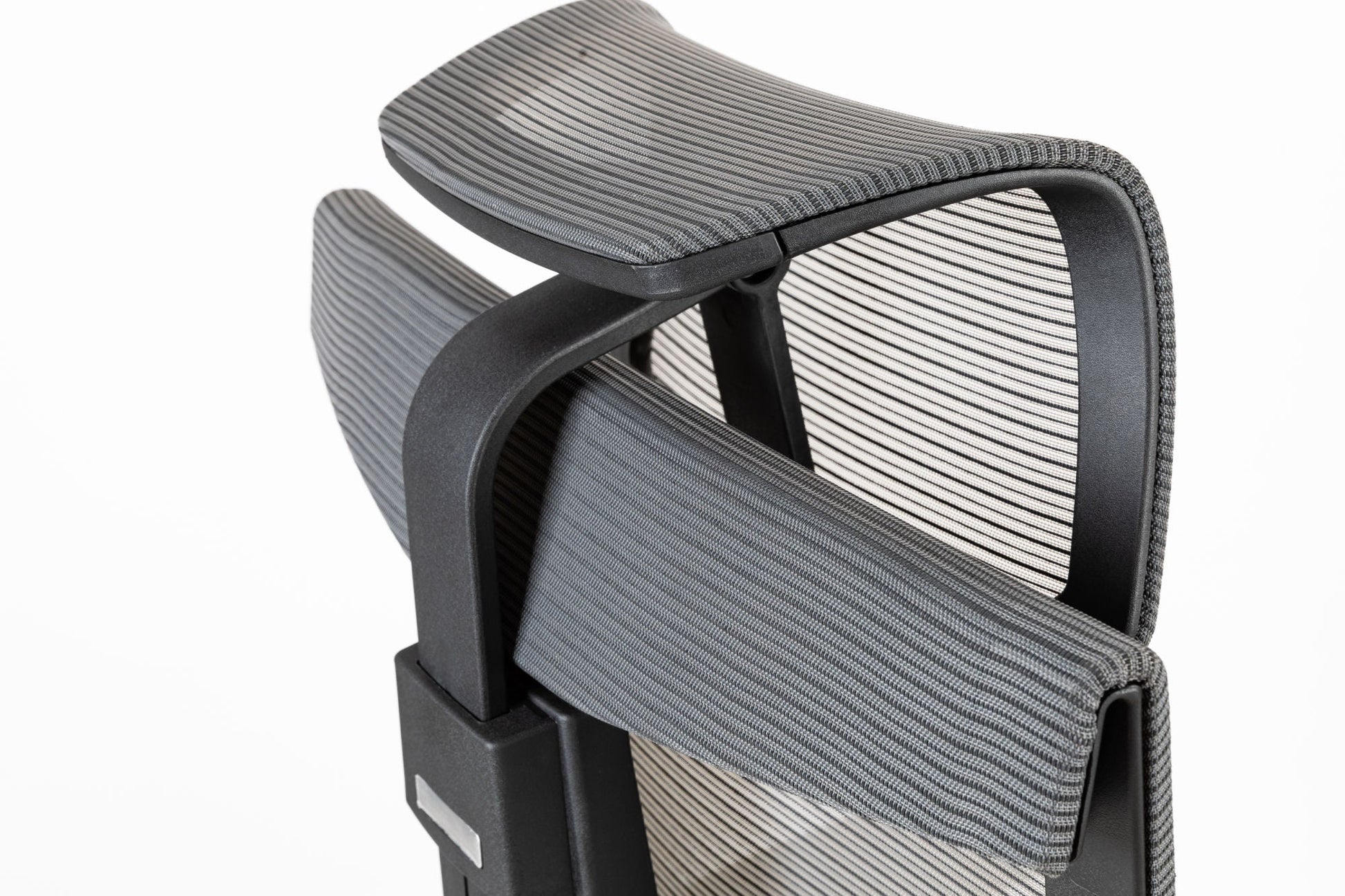 High back office chair with headrest and curved armrests, ribbed fabric