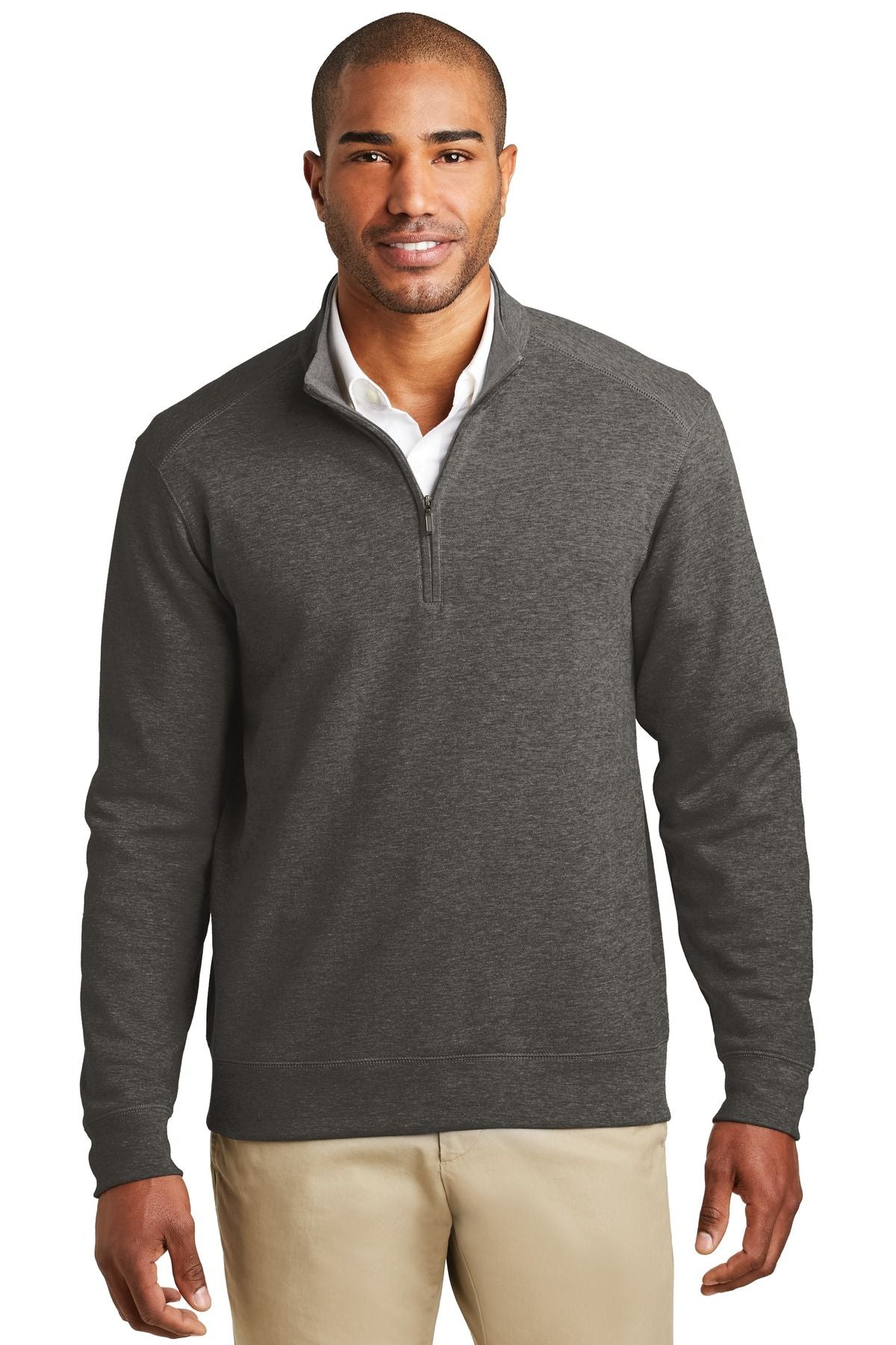 Heather gray interlock 1/4-zip pullover with long sleeves and front zipper