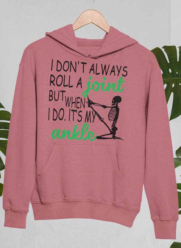 Rose mauve pullover hoodie with kangaroo pocket and skeleton “joint ankle” print
