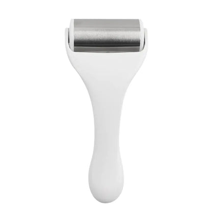 Body massage ice roller with silver stainless steel rolling head and white handle