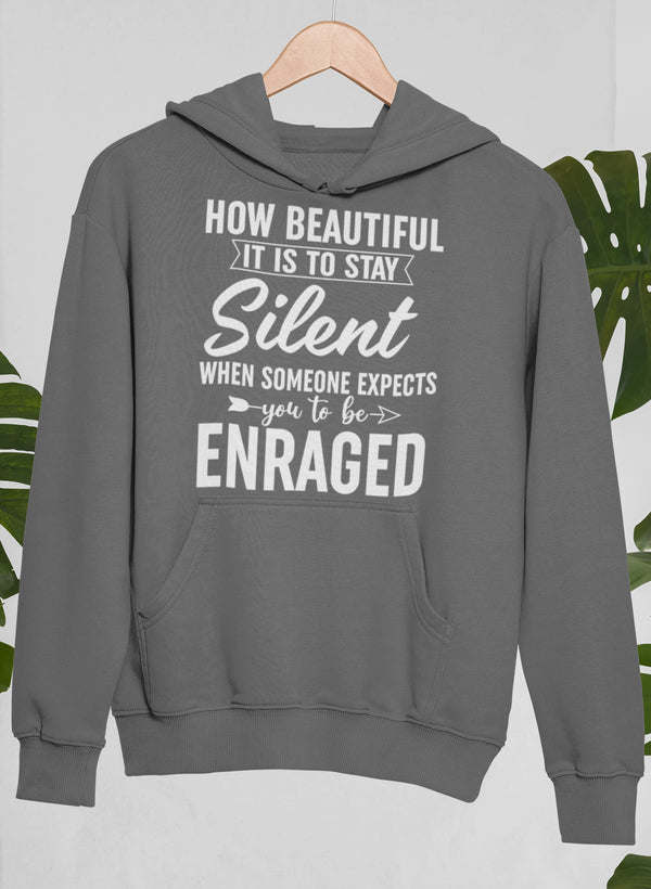 Heather gray hoodie with front pouch pocket and white slogan graphic