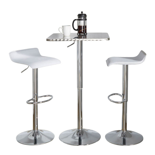 Bistro Square-Ale Contemporary Adjustable Bar Set in Silver and Chrome Metal with White PVC and Oval Footrest by - 3 Piece