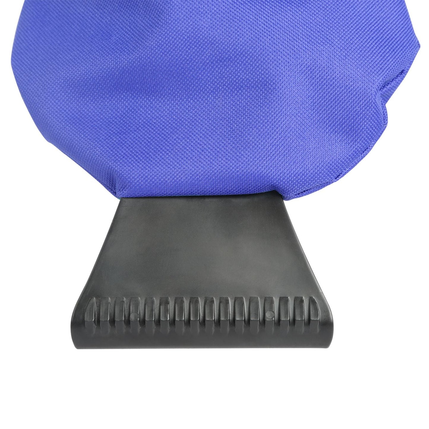 Ridged rubber ice scraper blade attached to a blue ice scraper glove