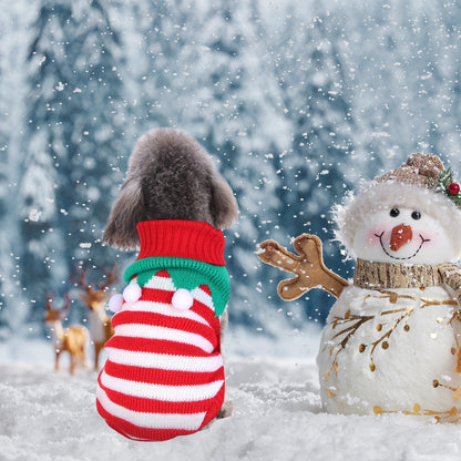 Red and white striped pet turtleneck sweater with green yoke and snowman motif.