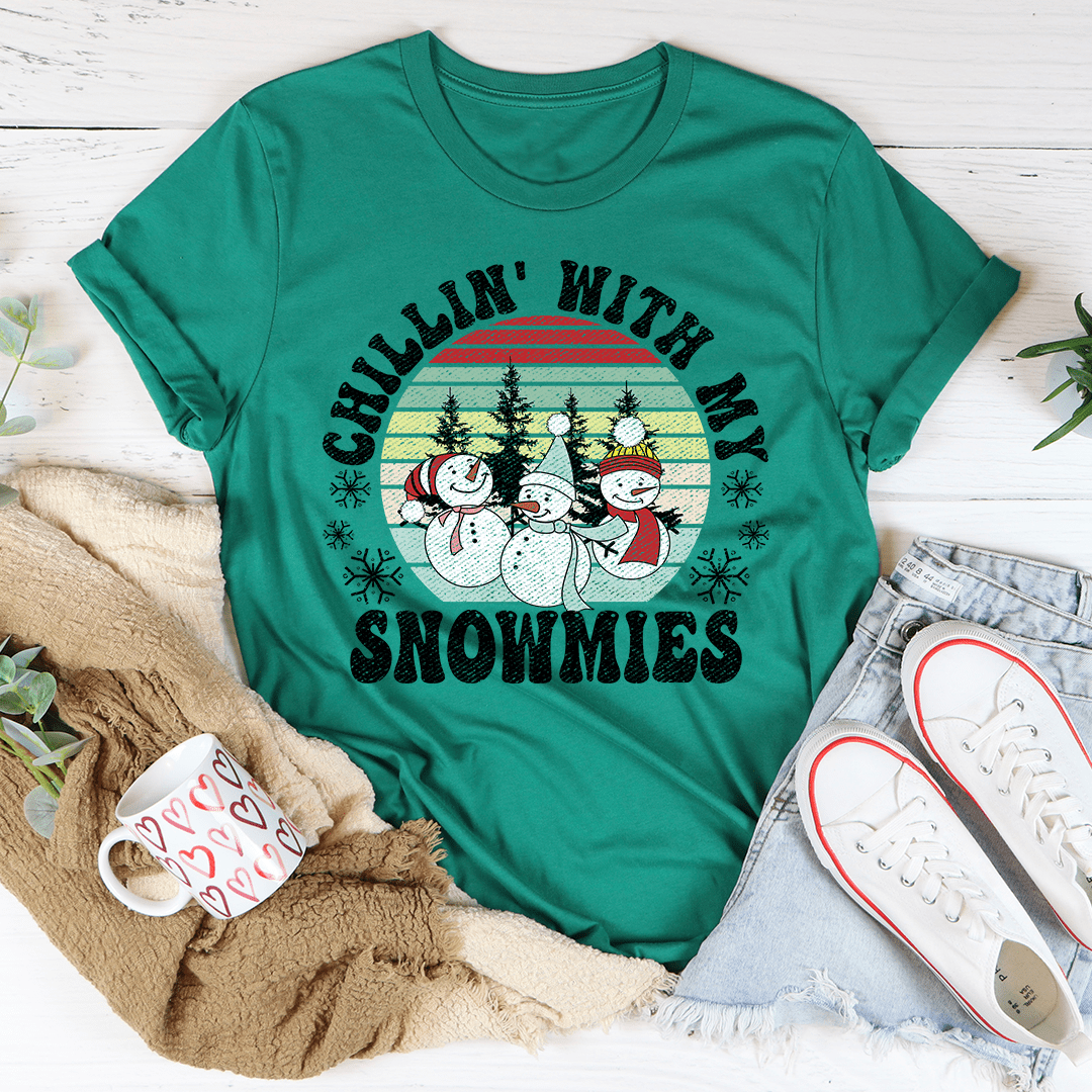 Kelly green crew-neck t-shirt with large snowmen graphic and striped horizon