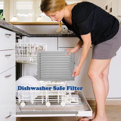 Dishwasher-safe baffle filter removed from range hood filter housing