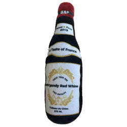Wine bottle squeaky dog plush toy with red neck and light label, Bark'gundy Red Whine
