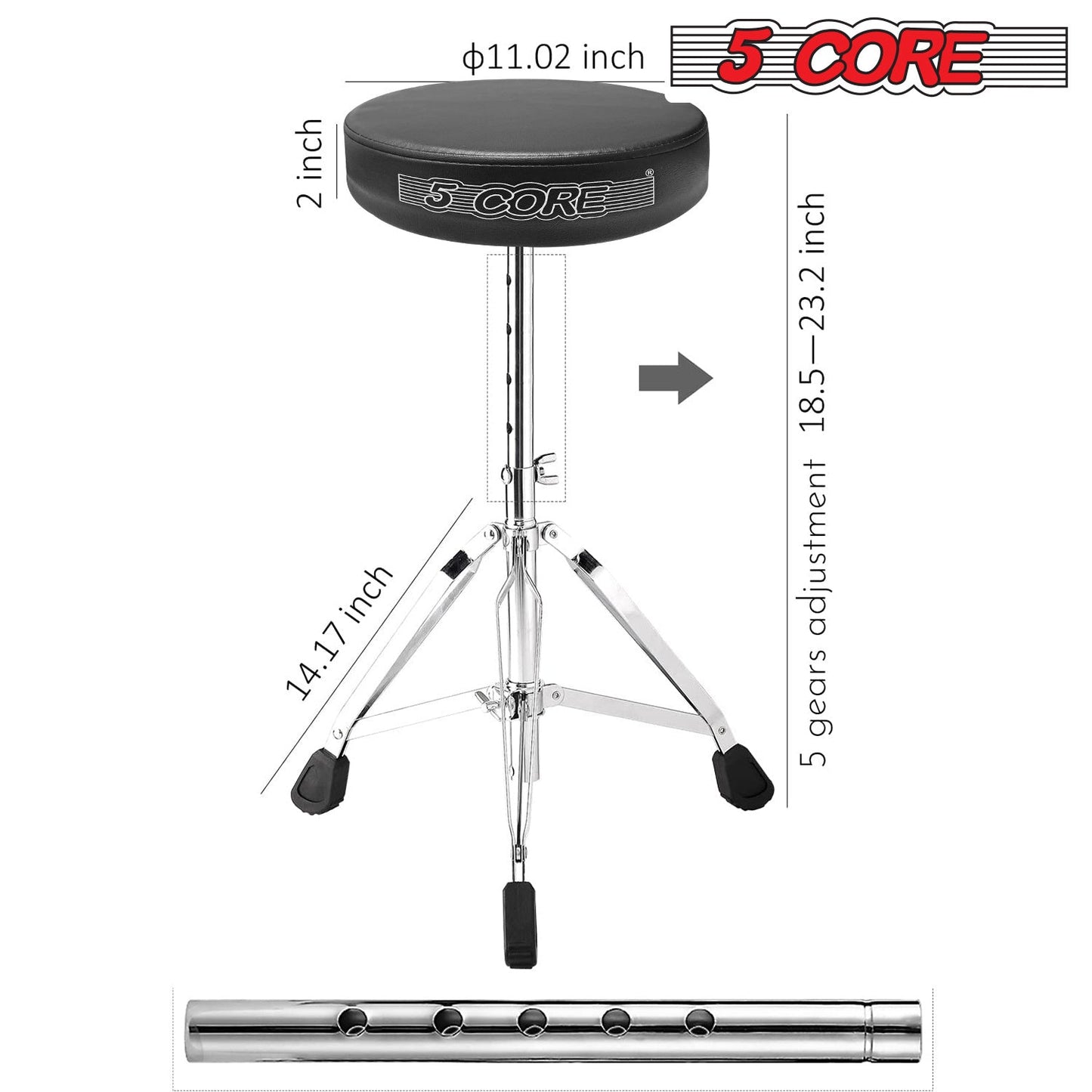 Black padded drum throne seat with chrome height adjustment and tripod legs
