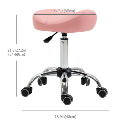Saddle Stool Chic: Height Adjustable Rolling Salon Chair in Pink PU Leather for Massage, Spa, Clinic, Beauty, and Tattoo
