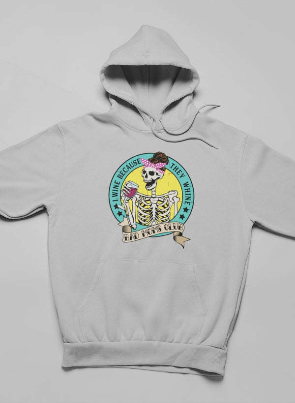 Light gray pullover hoodie with front circular skeleton holding wine graphic