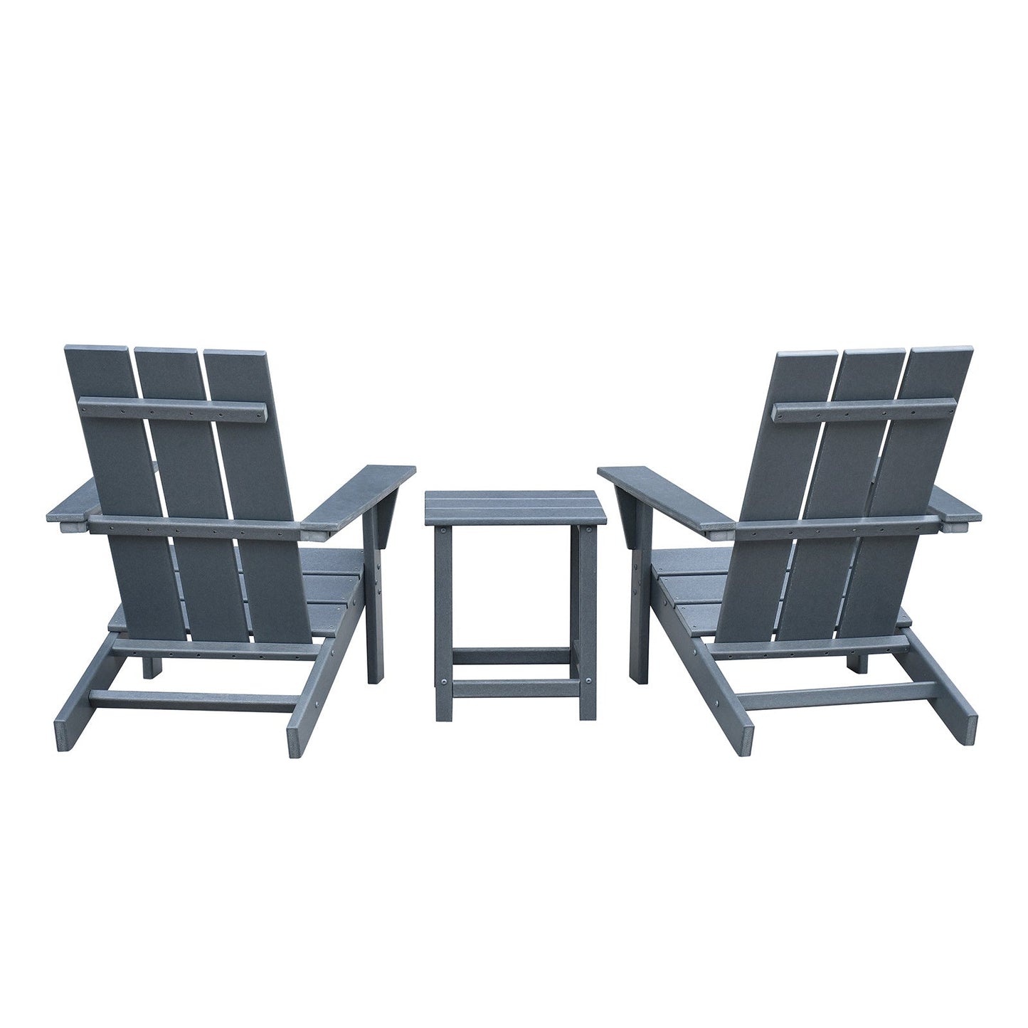 Dark grey outdoor Adirondack chairs with matching square side table, two chairs