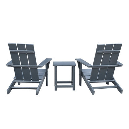 Dark grey outdoor Adirondack chairs with matching square side table, two chairs