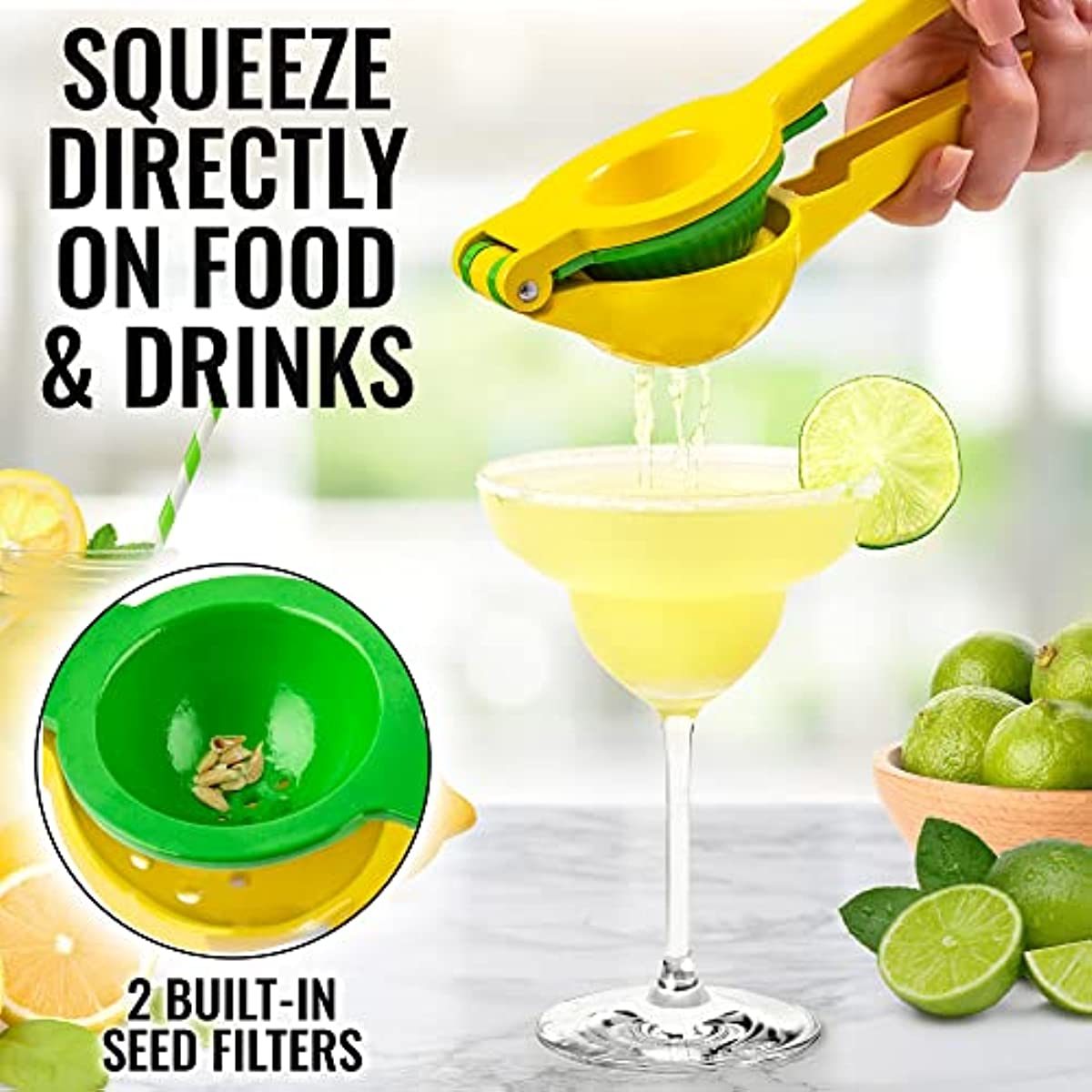 Yellow-green hand citrus squeezer with green seed filter and spout over a bowl