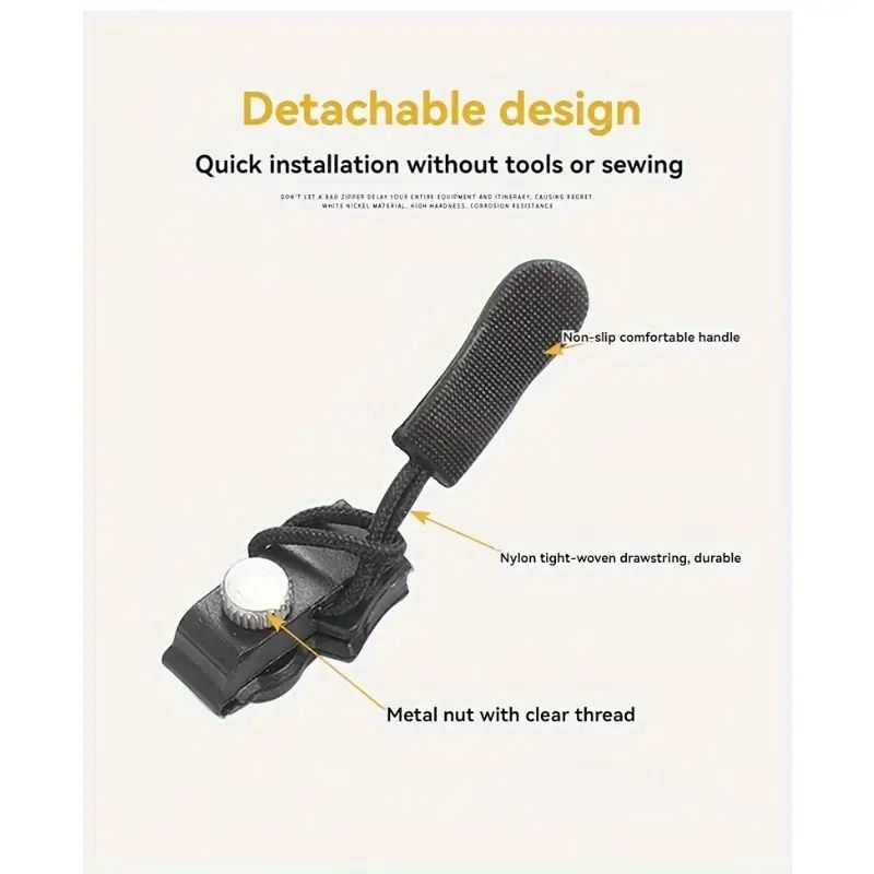 No sew zipper repair tool with black handle and clear-thread metal nut