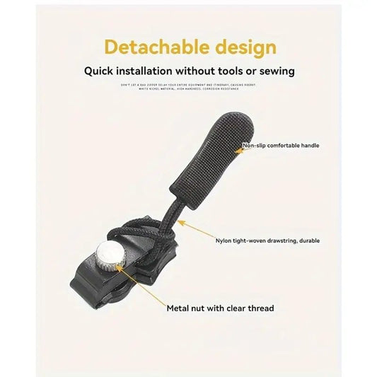 No sew zipper repair tool with black handle and clear-thread metal nut