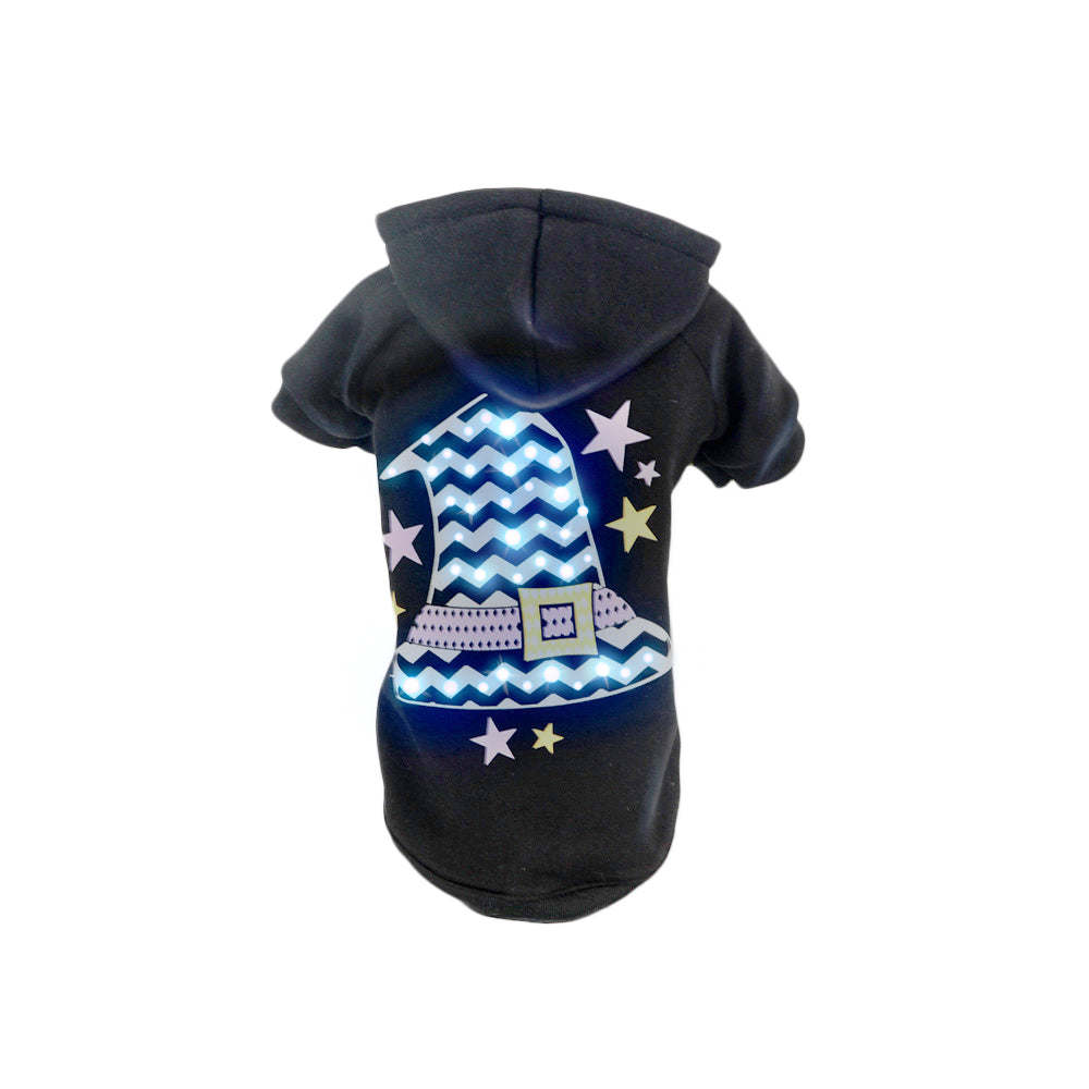 Hooded pet sweater costume, black with glowing blue LED zigzag and stars
