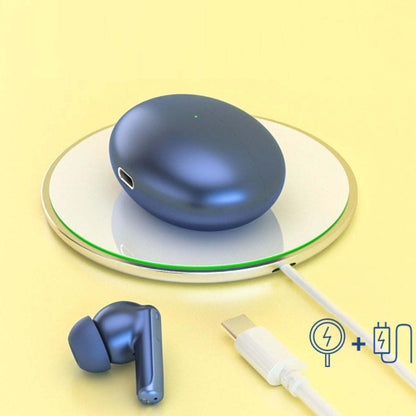 Royal blue wireless earbuds on a wireless charging pad with charging cable