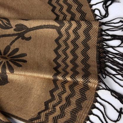Pashmina shawl corner with khaki floral print, zigzag trim, and black fringe