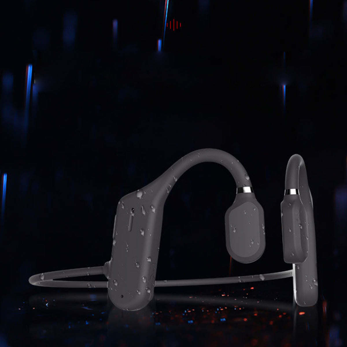 Open-ear wireless headphones, dark gray with curved open frame and ear pads