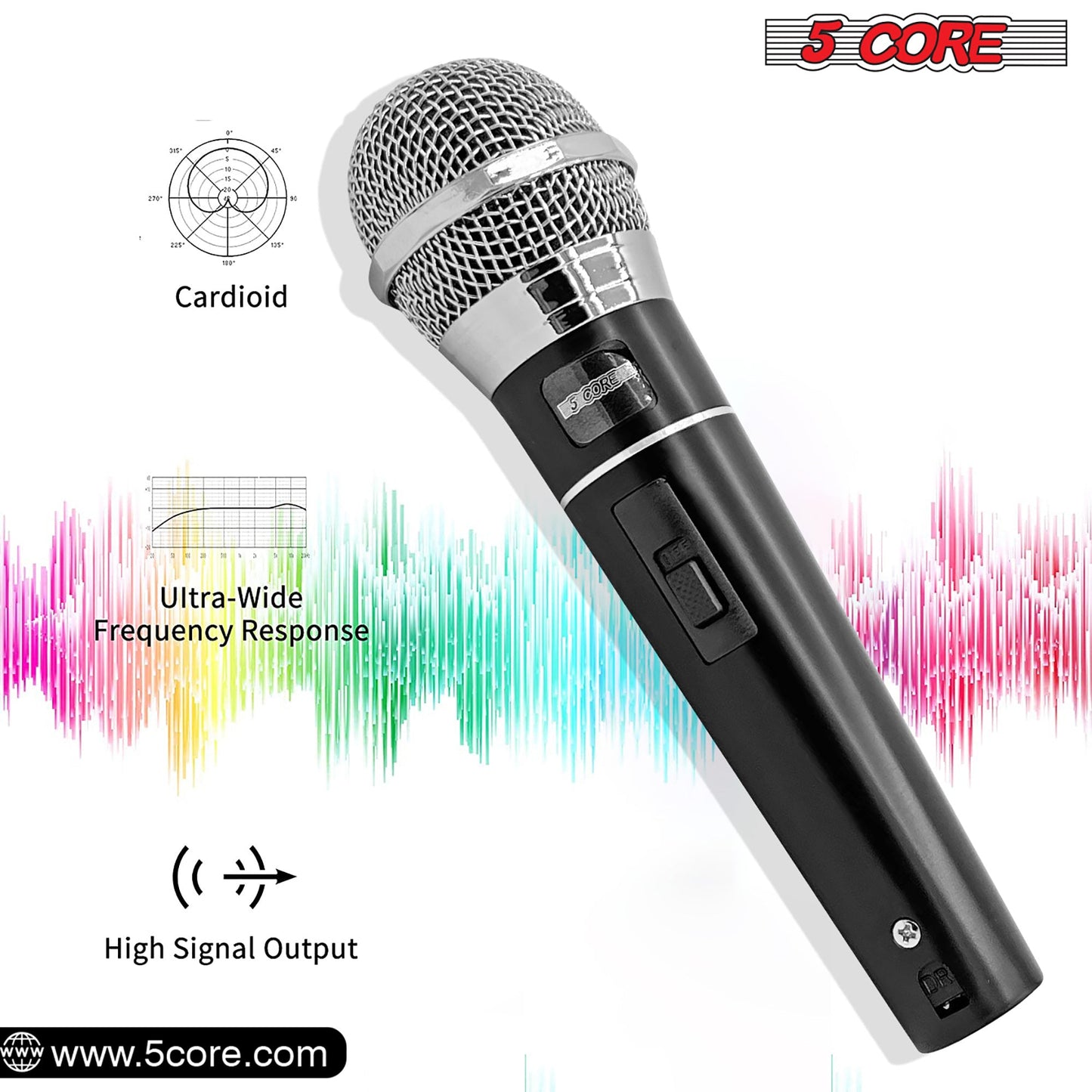 Black dynamic handheld microphone with metal grille and built-in switch