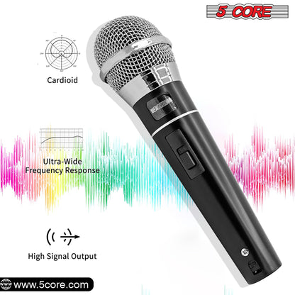 Black dynamic handheld microphone with metal grille and built-in switch