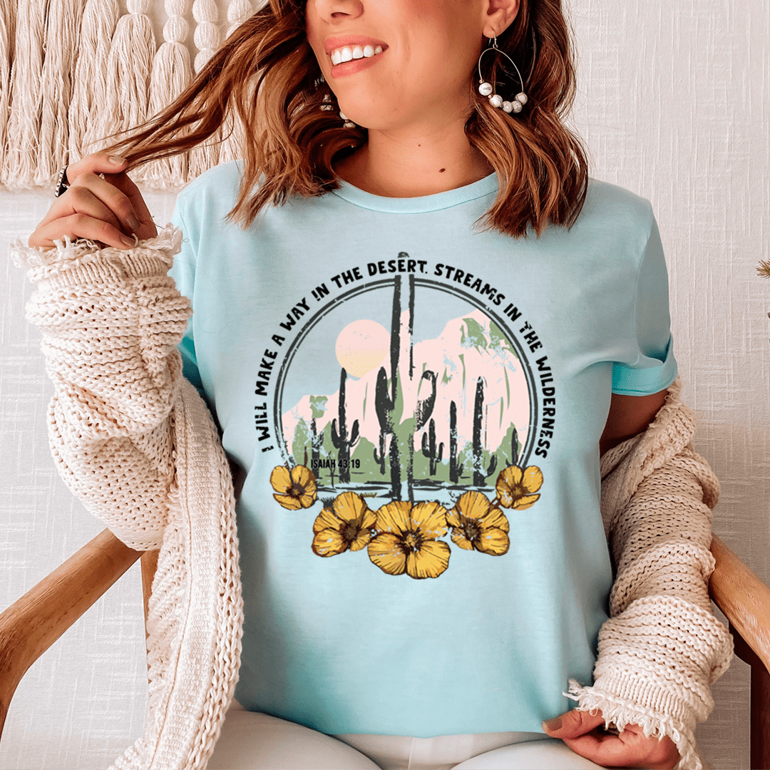 Heather prism ice blue crewneck short-sleeve T-shirt with desert cactus, sun, and yellow flowers graphic